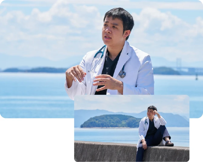 ジェスチャーをしながら話す様子と海沿いのブロックの上でポーズをとる代表 胡谷俊樹