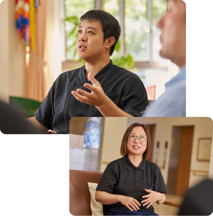 ジェスチャーをしながら話す胡谷俊樹さんと谷口弘枝さん