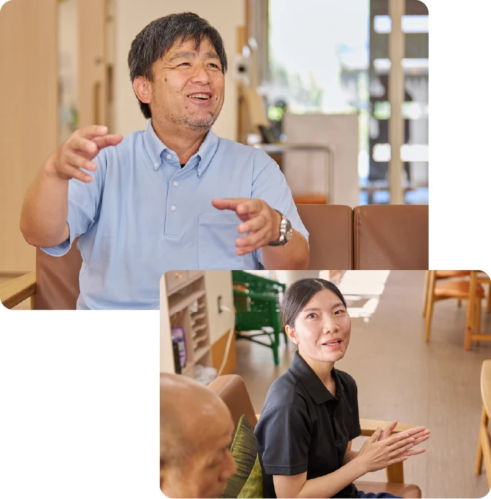 ジェスチャーをしながら話す河村康秀さんと小野万郁さん